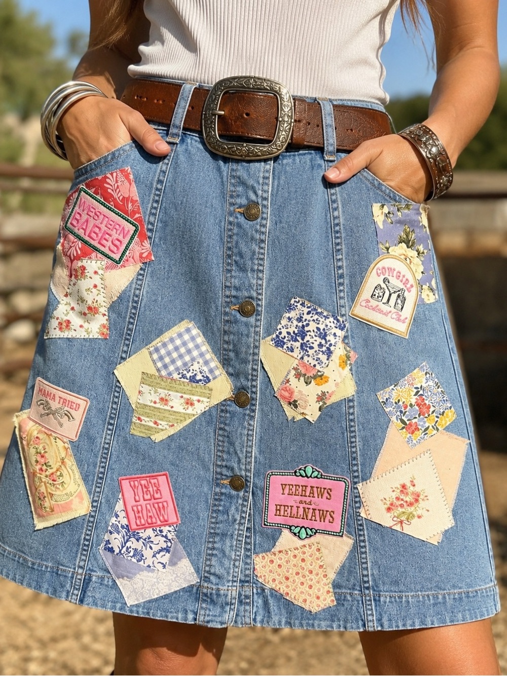 Chaps EUC Custom Western Graffiti
Patch Denim Skirt cotton/poly/elastane
Sz 4